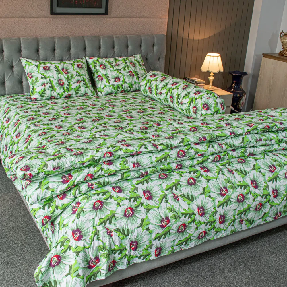 China Rose Print – Green Comforter Bedding Set (5Pcs)