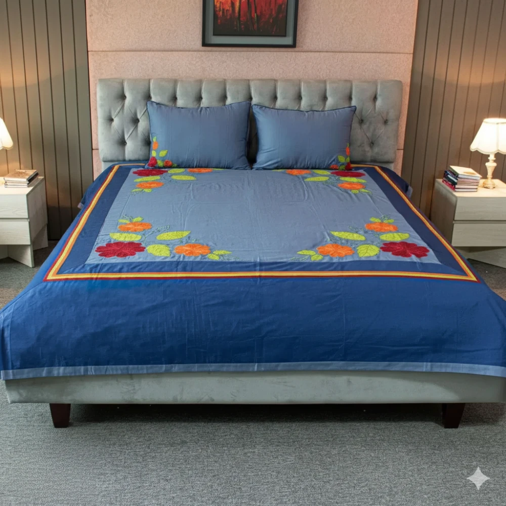 Classic Blue Embroidered Bed Sheet