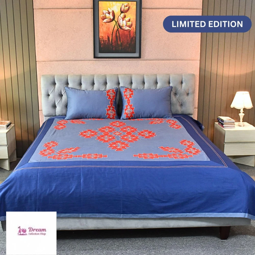 Navy Blaze Embroidery Bed Sheet