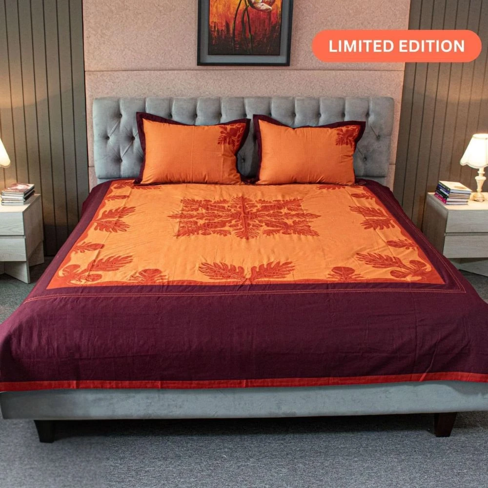 Sunlit Leaves Embroidered Bed Sheet – Orange