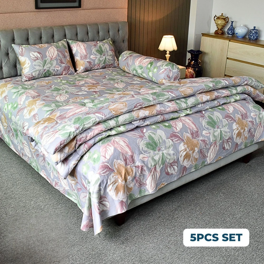 Watercolour Flora Comforter Bedding Set – Grey Purple (5Pcs)