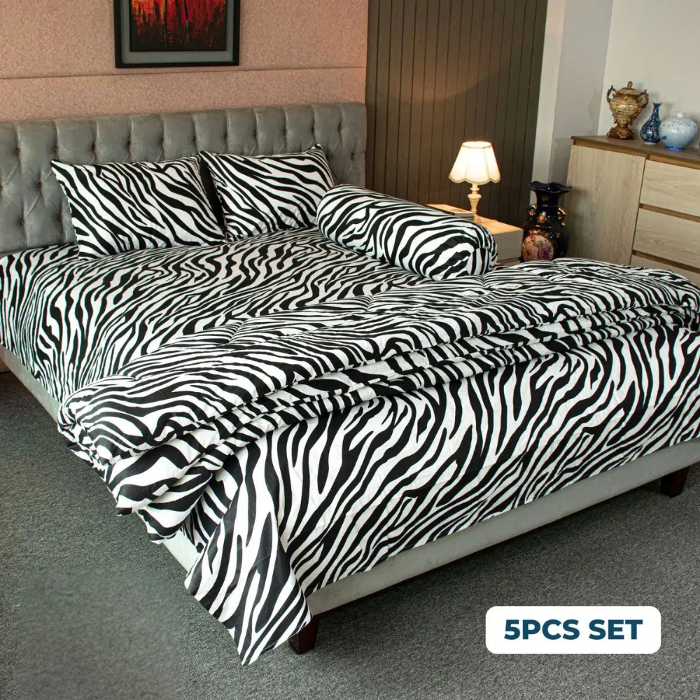 Zebra Print Comforter Bedding Set – Black (5Pcs Set)